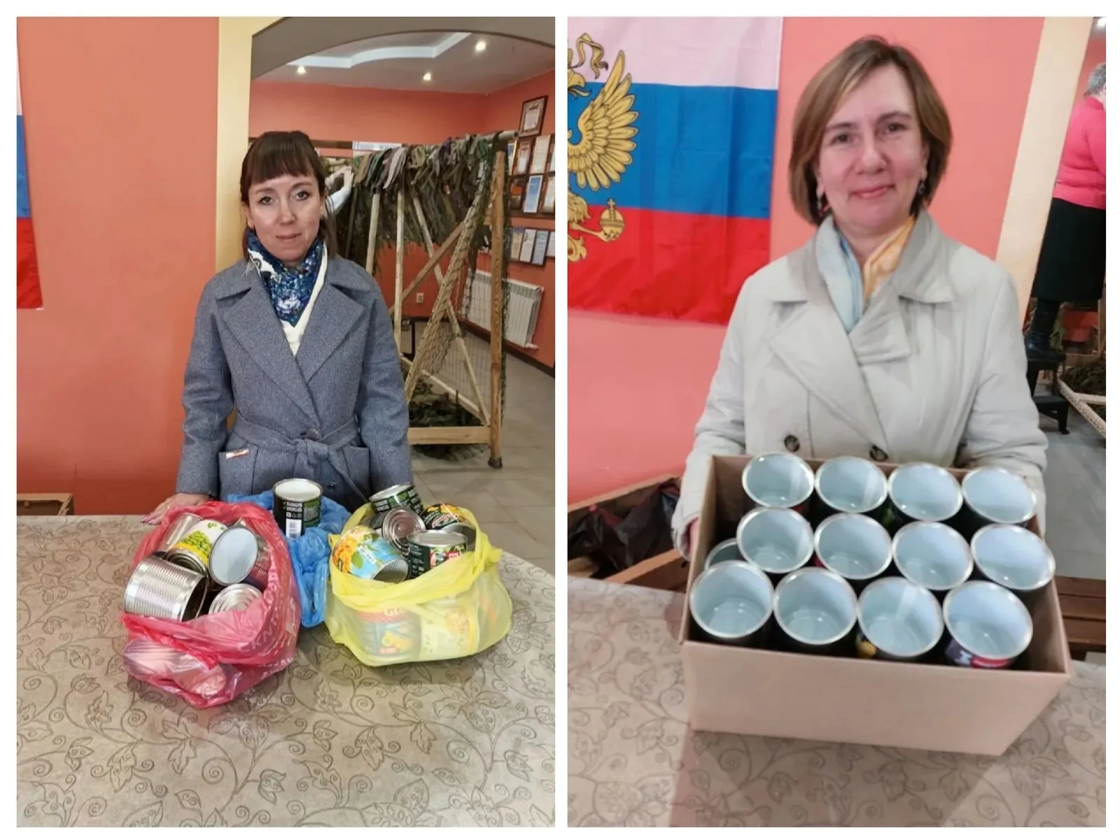 Акция «Вода солдату» идёт полным ходом, люди несут воду и ткань, коллектив работает слаженно.